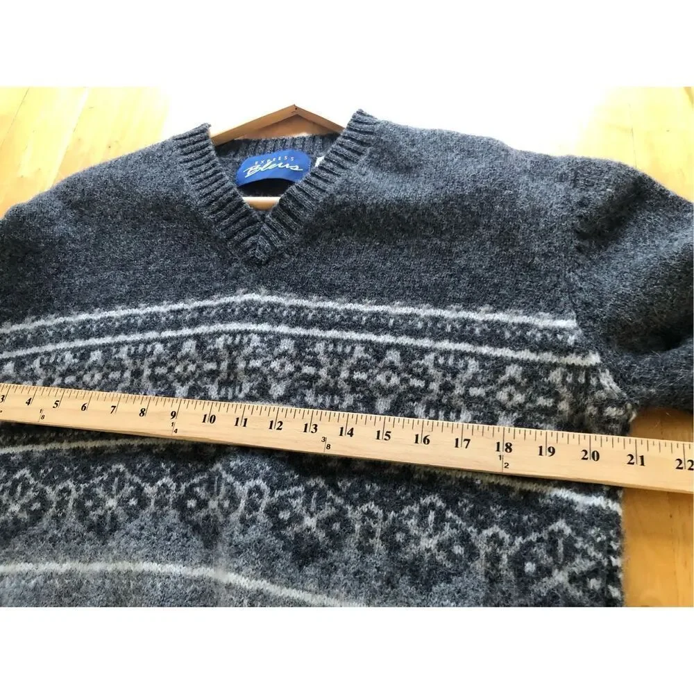 Express Bleus Wool Fair Isle V-Neck Sweater Gray Men’s L